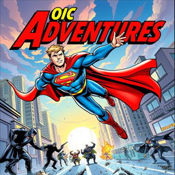 An action-packed comic book cover featuring a superhero in vibrant colors, soaring through the sky with a dynamic pose