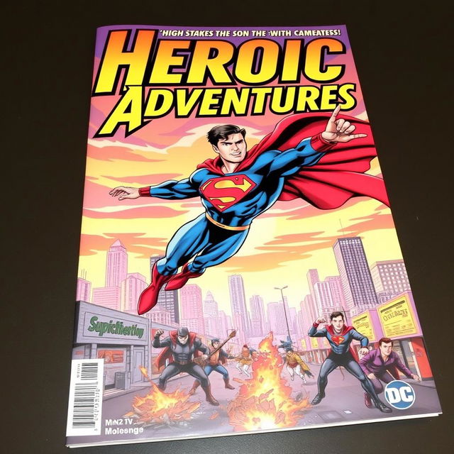 An action-packed comic book cover featuring a superhero in vibrant colors, soaring through the sky with a dynamic pose