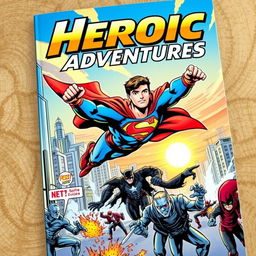 An action-packed comic book cover featuring a superhero in vibrant colors, soaring through the sky with a dynamic pose