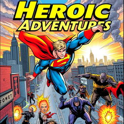 An action-packed comic book cover featuring a superhero in vibrant colors, soaring through the sky with a dynamic pose