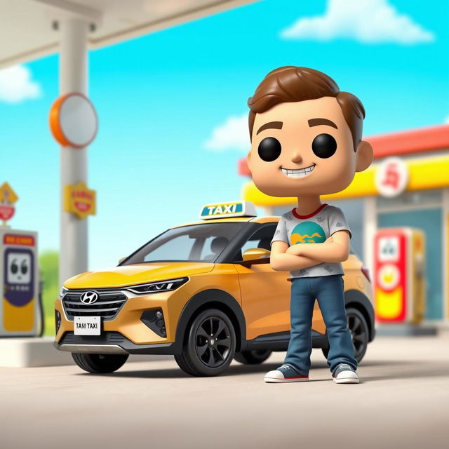 An exclusive Funko Pop character design of a 35-year-old man, depicted with a joyful expression, wearing a casual outfit such as a colorful t-shirt and jeans