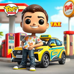 An exclusive Funko Pop character design of a 35-year-old man, depicted with a joyful expression, wearing a casual outfit such as a colorful t-shirt and jeans