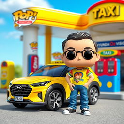 An exclusive Funko Pop character design of a 35-year-old man, depicted with a joyful expression, wearing a casual outfit such as a colorful t-shirt and jeans