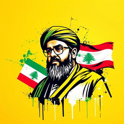 A vibrant poster featuring a graffiti-style image of Seyed Hassan Nasrallah, set against a striking background predominantly in yellow and green colors