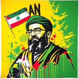 A vibrant poster featuring a graffiti-style image of Seyed Hassan Nasrallah, set against a striking background predominantly in yellow and green colors