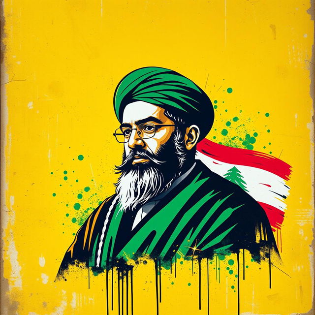 A vibrant poster featuring a graffiti-style image of Seyed Hassan Nasrallah, set against a striking background predominantly in yellow and green colors