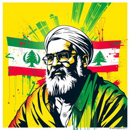 A vibrant poster featuring a graffiti-style image of Seyed Hassan Nasrallah, set against a striking background predominantly in yellow and green colors