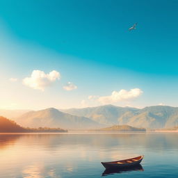 A serene and minimalistic landscape featuring a tranquil lake surrounded by lush green hills