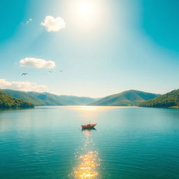 A serene and minimalistic landscape featuring a tranquil lake surrounded by lush green hills