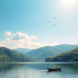 A serene and minimalistic landscape featuring a tranquil lake surrounded by lush green hills