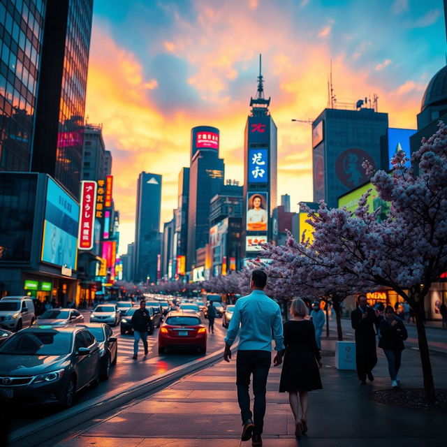 A professionally edited photo depicting a vibrant cityscape at dusk, with skyscrapers aglow with colorful lights