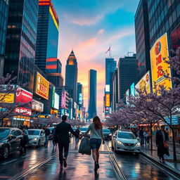 A professionally edited photo depicting a vibrant cityscape at dusk, with skyscrapers aglow with colorful lights