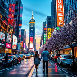 A professionally edited photo depicting a vibrant cityscape at dusk, with skyscrapers aglow with colorful lights