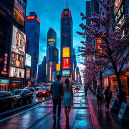 A professionally edited photo depicting a vibrant cityscape at dusk, with skyscrapers aglow with colorful lights