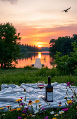 A scenic view of a tranquil lake at sunset, reflecting vibrant orange and purple hues in the water