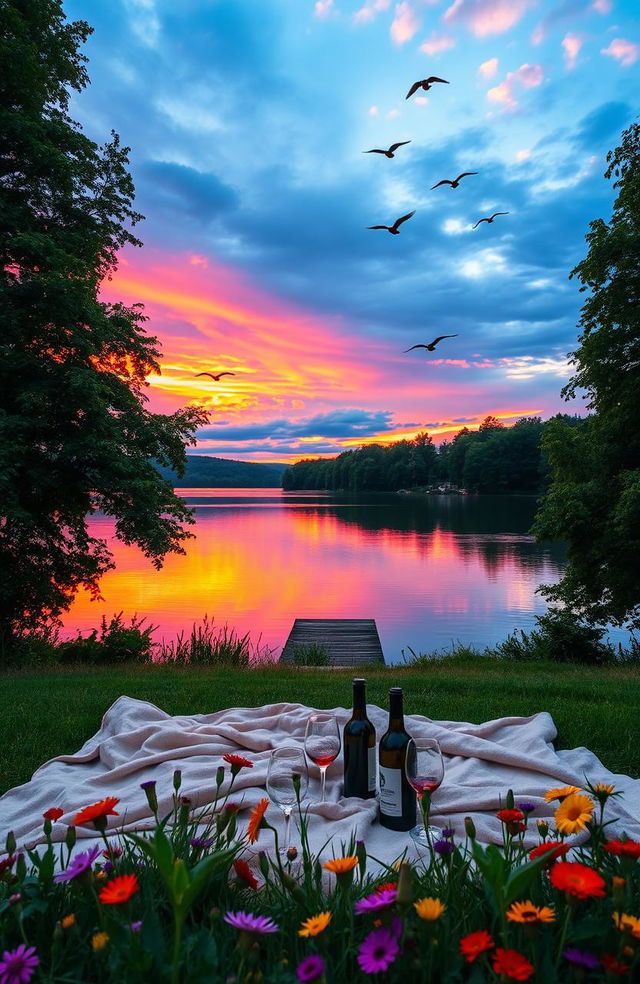 A scenic view of a tranquil lake at sunset, reflecting vibrant orange and purple hues in the water