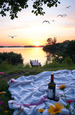 A scenic view of a tranquil lake at sunset, reflecting vibrant orange and purple hues in the water