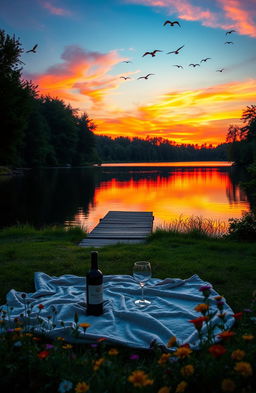A scenic view of a tranquil lake at sunset, reflecting vibrant orange and purple hues in the water