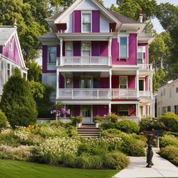 Generate a picture of a four-story Victorian style house with a colorful garden in the front yard