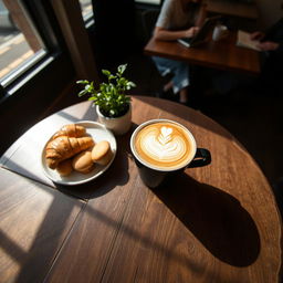 A cozy coffee shop scene viewed from above a rustic wooden table, featuring an inviting cappuccino with intricate latte art, a small plate of freshly baked pastries like croissants and muffins