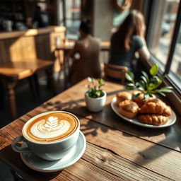 A cozy coffee shop scene viewed from above a rustic wooden table, featuring an inviting cappuccino with intricate latte art, a small plate of freshly baked pastries like croissants and muffins