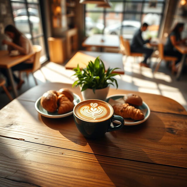 A cozy coffee shop scene viewed from above a rustic wooden table, featuring an inviting cappuccino with intricate latte art, a small plate of freshly baked pastries like croissants and muffins