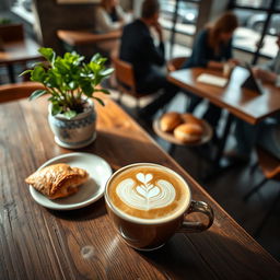 A cozy coffee shop scene viewed from above a rustic wooden table, featuring an inviting cappuccino with intricate latte art, a small plate of freshly baked pastries like croissants and muffins
