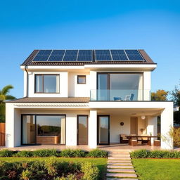 A beautiful modern home with a sleek design, featuring large glass windows and a warm inviting exterior