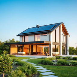 A beautiful modern home with a sleek design, featuring large glass windows and a warm inviting exterior
