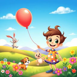 A vibrant and colorful cartoon scene featuring a whimsical landscape with rolling hills and a bright blue sky