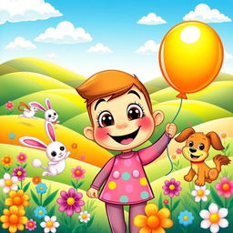A vibrant and colorful cartoon scene featuring a whimsical landscape with rolling hills and a bright blue sky