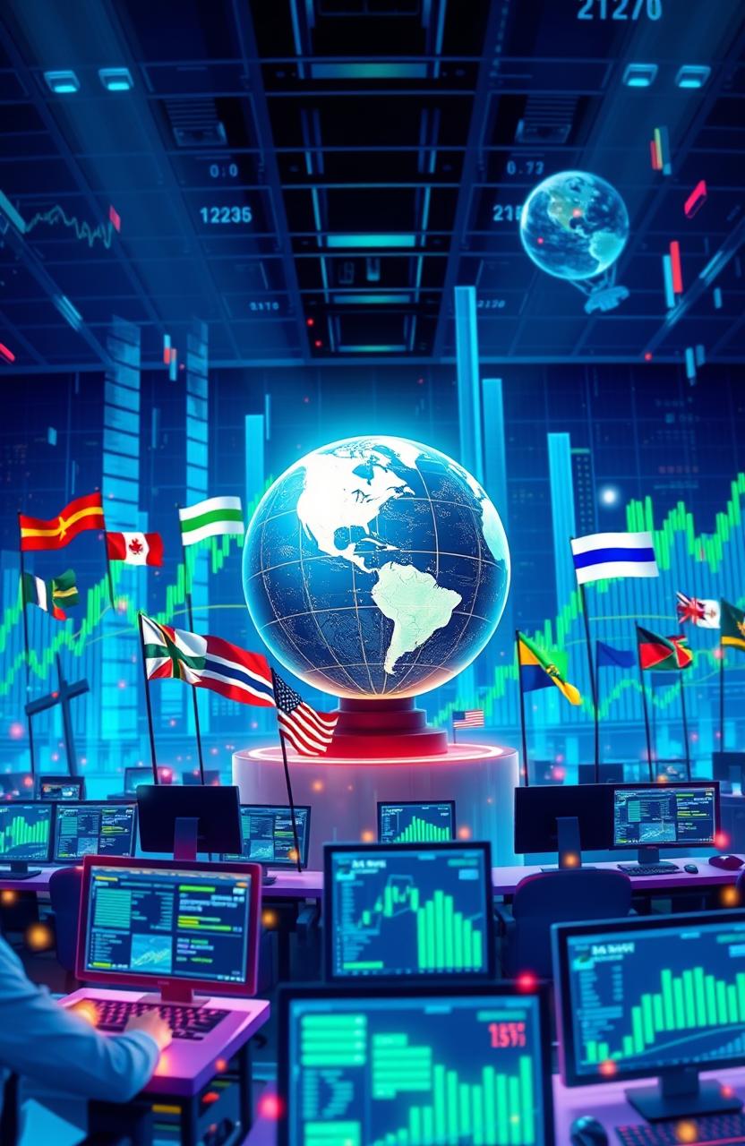 A visually intricate and vibrant depiction of the forex trading theme, showcasing various currency pairs symbolized by their respective flags on a dynamic, digital stock market background
