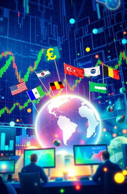 A visually intricate and vibrant depiction of the forex trading theme, showcasing various currency pairs symbolized by their respective flags on a dynamic, digital stock market background