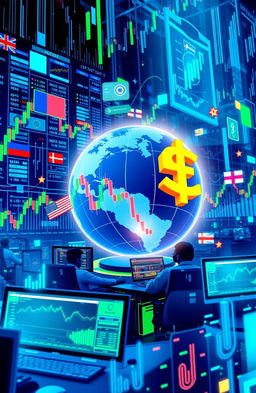 A visually intricate and vibrant depiction of the forex trading theme, showcasing various currency pairs symbolized by their respective flags on a dynamic, digital stock market background