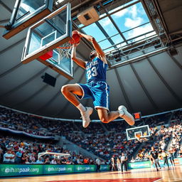 A dynamic and action-packed scene featuring Abul Fazl, a tall and athletic young man, mid-jump as he executes an impressive basketball dunk