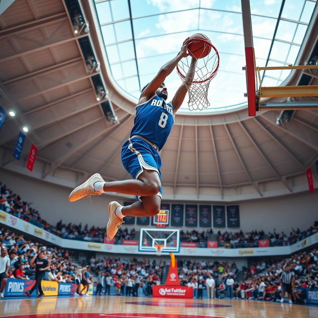 A dynamic and action-packed scene featuring Abul Fazl, a tall and athletic young man, mid-jump as he executes an impressive basketball dunk