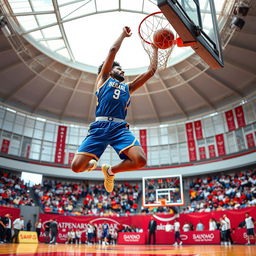 A dynamic and action-packed scene featuring Abul Fazl, a tall and athletic young man, mid-jump as he executes an impressive basketball dunk