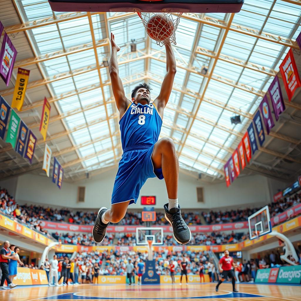 A dynamic and action-packed scene featuring Abul Fazl, a tall and athletic young man, mid-jump as he executes an impressive basketball dunk