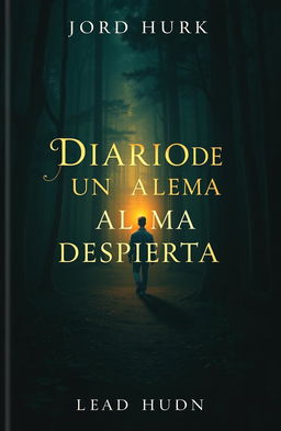 A mystical book cover inspired by the paintings of Lord Huron, set in a dark, dense forest