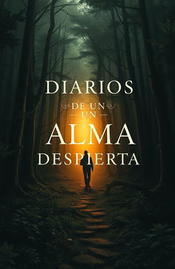 A mystical book cover inspired by the paintings of Lord Huron, set in a dark, dense forest