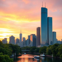 A stunning city skyline at sunset, featuring tall skyscrapers with reflective glass windows, casting beautiful colors of orange, pink, and purple across the sky
