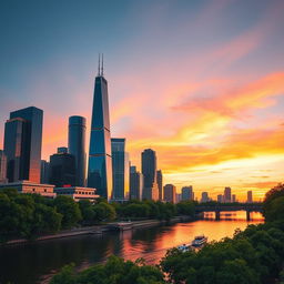 A stunning city skyline at sunset, featuring tall skyscrapers with reflective glass windows, casting beautiful colors of orange, pink, and purple across the sky