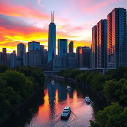 A stunning city skyline at sunset, featuring tall skyscrapers with reflective glass windows, casting beautiful colors of orange, pink, and purple across the sky