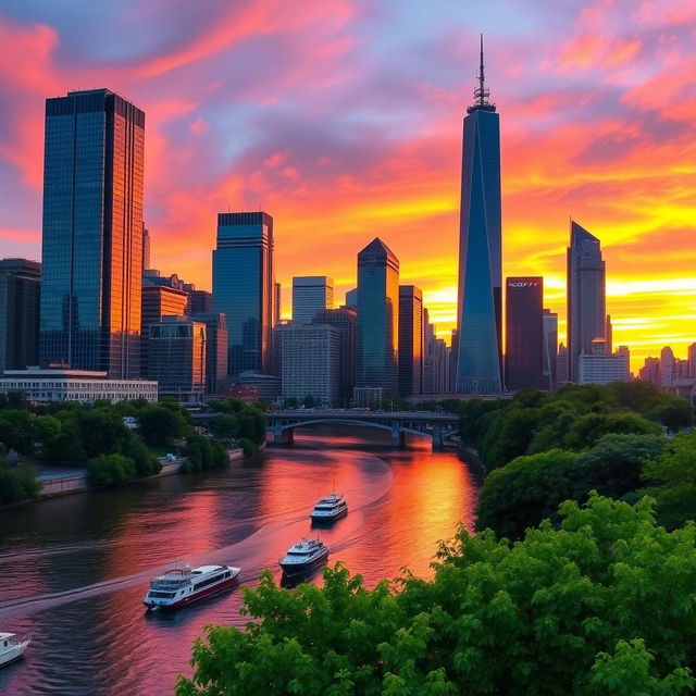 A stunning city skyline at sunset, featuring tall skyscrapers with reflective glass windows, casting beautiful colors of orange, pink, and purple across the sky