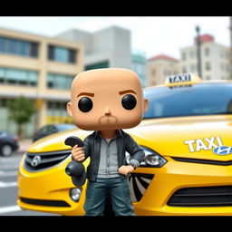 A Funko Pop figure of a 40-year-old bald man standing next to a parked 2010 Hyundai Vision taxi