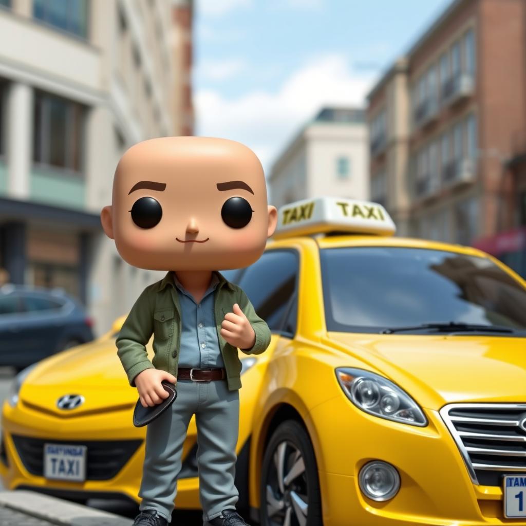 A Funko Pop figure of a 40-year-old bald man standing next to a parked 2010 Hyundai Vision taxi