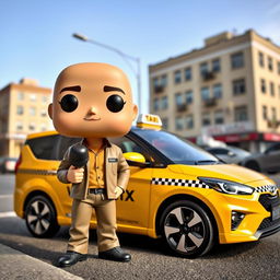 A Funko Pop figure of a 40-year-old bald man standing next to a parked 2010 Hyundai Vision taxi