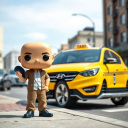 A Funko Pop figure of a 40-year-old bald man standing next to a parked 2010 Hyundai Vision taxi
