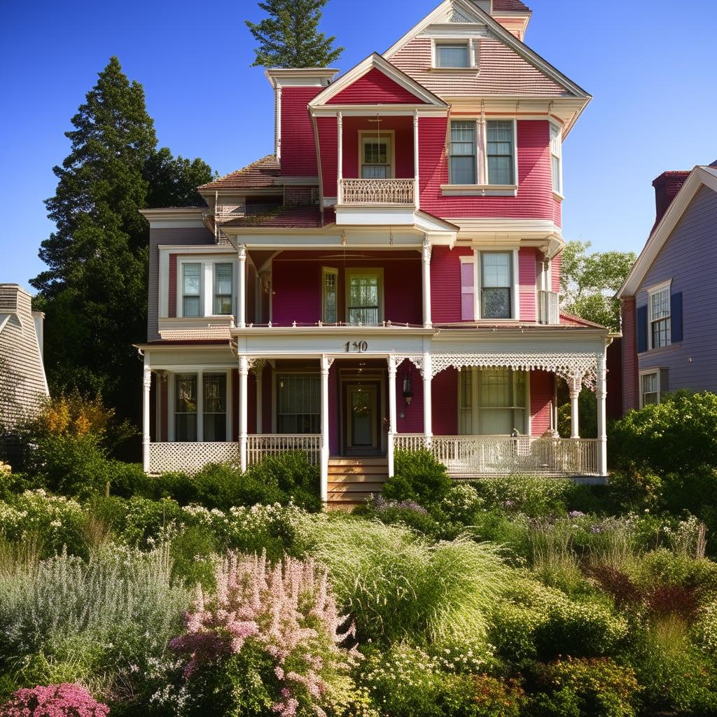 Generate a picture of a four-story Victorian style house with a colorful garden in the front yard