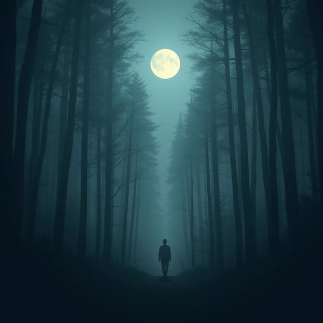 A dark forest scene inspired by Lord Huron, featuring the silhouette of a man or spirit walking under the moonlight